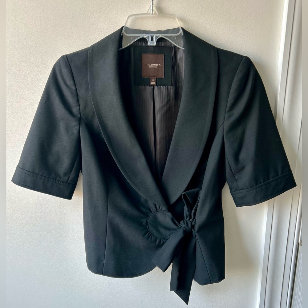 The Limited Black Cropped Blazer with Tie Bow and Ruffle Detail Sz XS